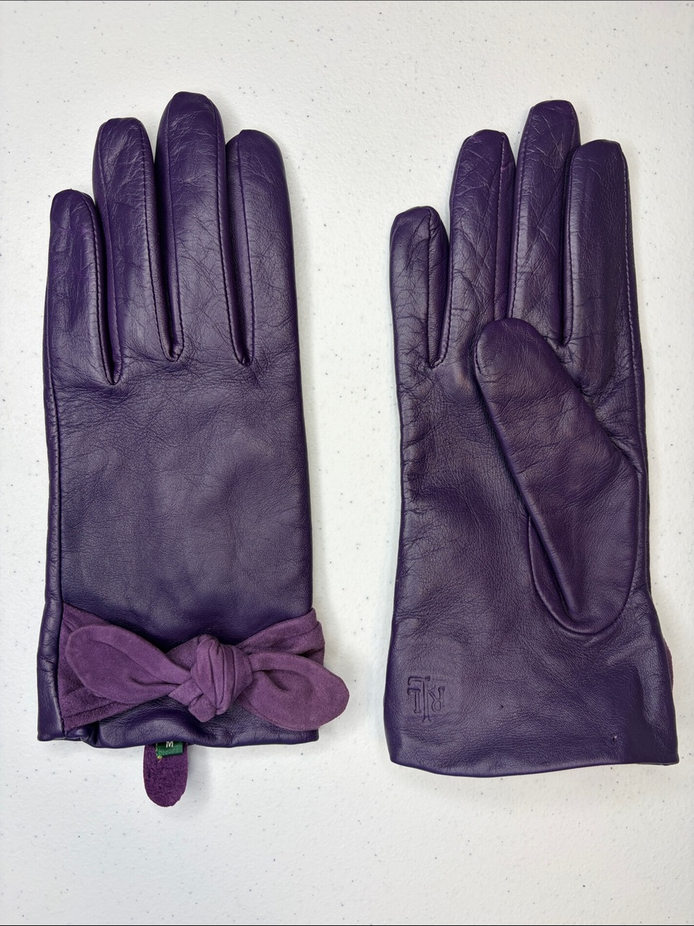 Lauren Ralph Lauren Purple Leather Bow Gloves Size M - Excellent Condition